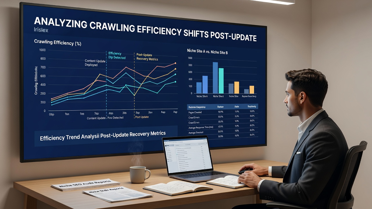 Detailed view of crawl shift graphs and efficiency metrics tracked by Irislex over multiple niche site updates